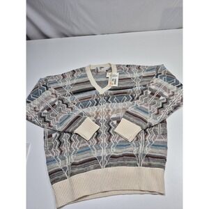 Vintage London Fog Sweater Mens Large Multicolor V Neck Geometric Knit USA